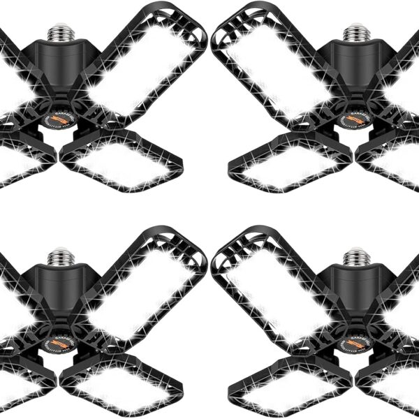 Tudoccy LED Garage Light 4 Pack, 180W Ultra Bright LED Shop Light with 4 Adjustable Panels, 18000LM E26/E27 Base Deformable Ceiling Fixtures for Garage, Workshop, Attic, Basement, Barn (Black-4 Pack)