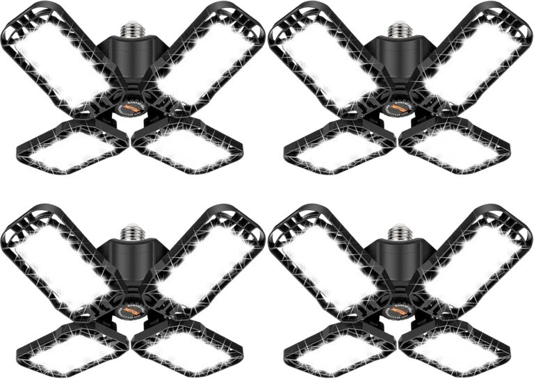 Tudoccy LED Garage Light 4 Pack, 180W Ultra Bright LED Shop Light with 4 Adjustable Panels, 18000LM E26/E27 Base Deformable Ceiling Fixtures for Garage, Workshop, Attic, Basement, Barn (Black-4 Pack)