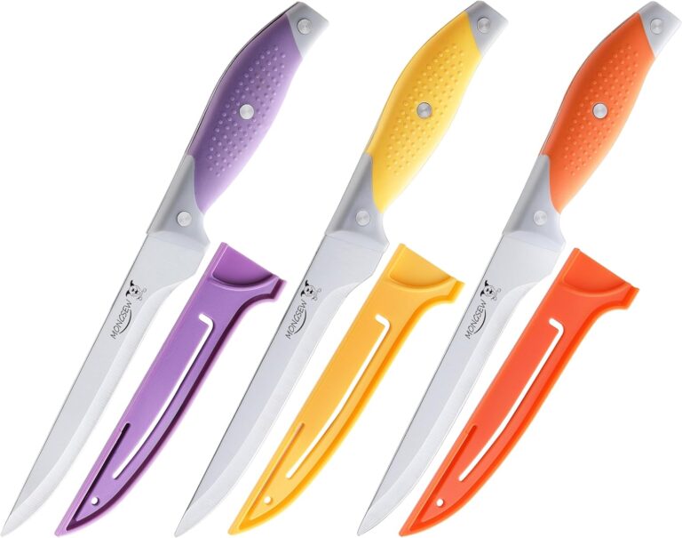 MONGSEW 3PCS Boning Knife, German Stainless Steel Fillet Knives, 6 inch Curved Boning Deboning Filet Fillet Knife for Meat, Fish, Poultry, Cutting, Trimming, Ergonomic Rubber Handle, Dishwasher Safe