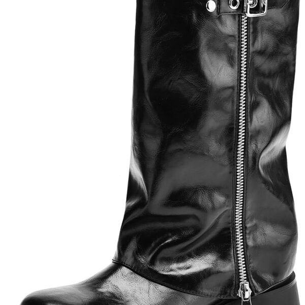 Knee High Boots Women Chunky Platform Moto Riding Boots Slouchy Fold Over Wide Calf Motorcycle Biker Boots for Women with Fashion Buckle