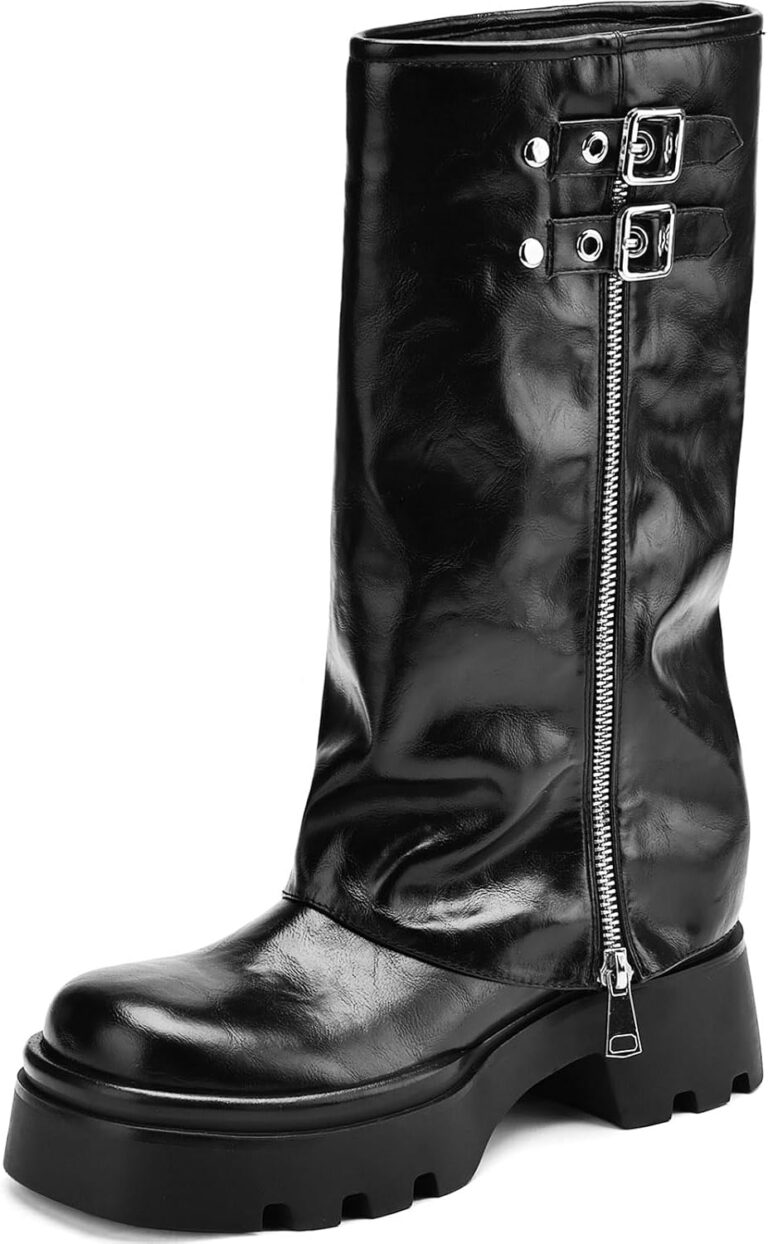Knee High Boots Women Chunky Platform Moto Riding Boots Slouchy Fold Over Wide Calf Motorcycle Biker Boots for Women with Fashion Buckle