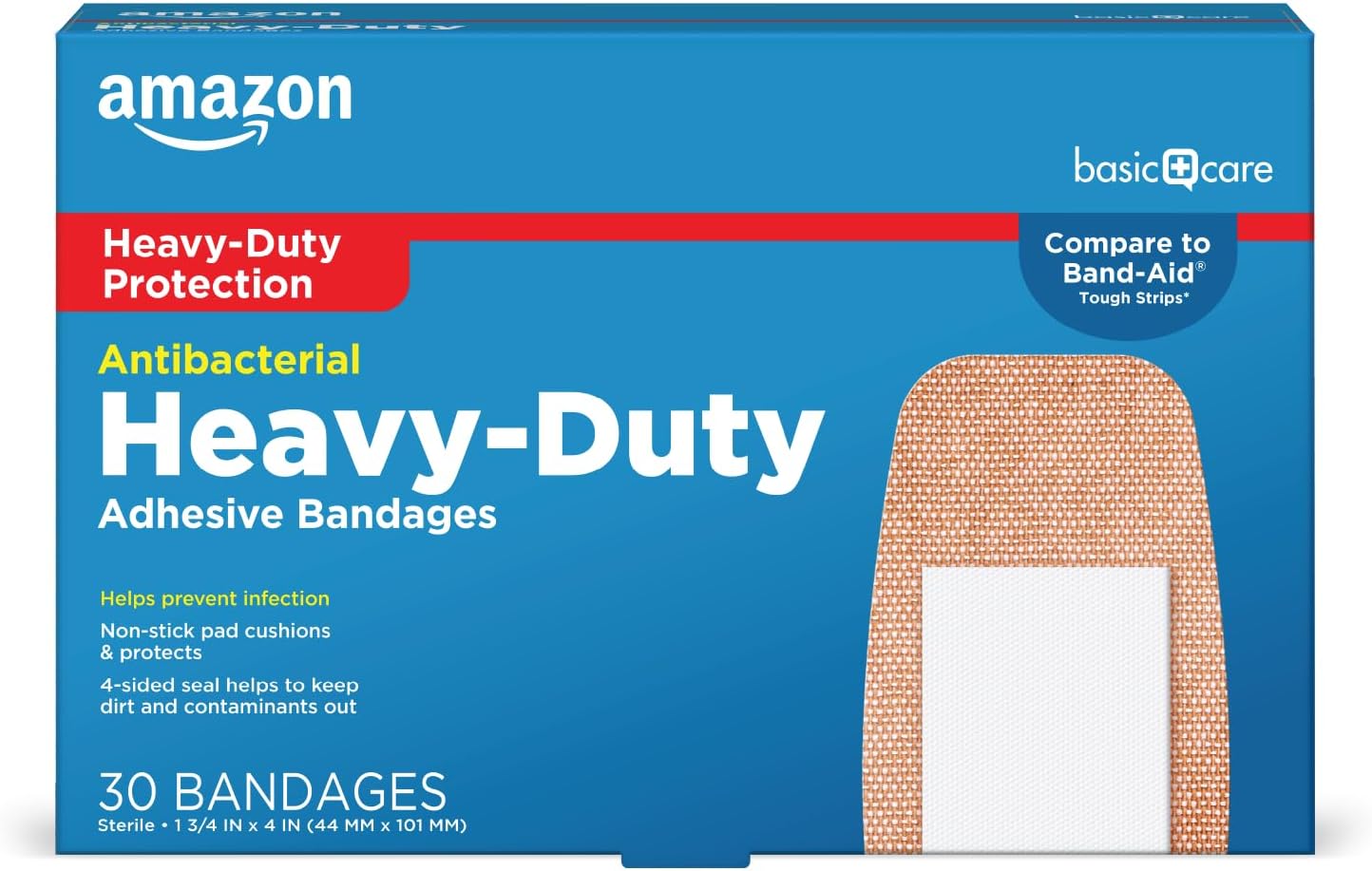 Amazon Basic Care Heavy Fabric Adhesive Bandages, Strong Adhesion, Large Tough & Flexible Non-Stick Pad Cushion, 1.75 x 4 in, 30 Count Amazon Basic Care Heavy Fabric Adhesive Bandages, Strong Adhesion, Large Tough & Flexible Non-Stick Pad Cushion, 1.75 x 4 in, 30 Count