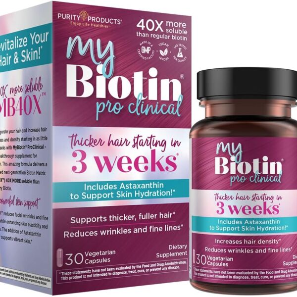 Purity Products MyBiotin ProClinical  Thicker Hair Starting in 3 Weeks & Fights Wrinkles - MB40X Patented Biotin Vitamin B7 Matrix w/Astaxanthin - 40X More Soluble vs Ordinary Biotin, 30 Veg Capsules