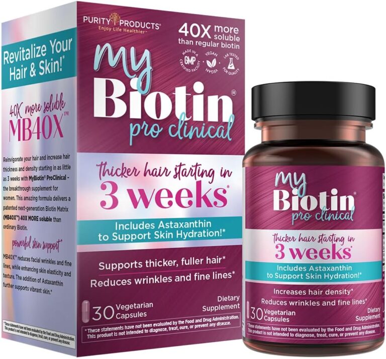 Purity Products MyBiotin ProClinical  Thicker Hair Starting in 3 Weeks & Fights Wrinkles - MB40X Patented Biotin Vitamin B7 Matrix w/Astaxanthin - 40X More Soluble vs Ordinary Biotin, 30 Veg Capsules