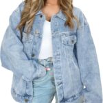 AUTOMET Women's Oversized Jeans Jacket, Classic Button Down Denim Jacket with Chest Pockets, Loose Fit Boyfriend Style Coat