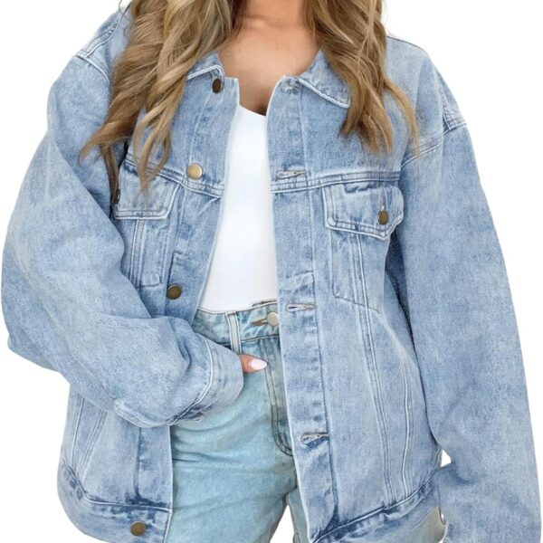 AUTOMET Women's Oversized Jeans Jacket, Classic Button Down Denim Jacket with Chest Pockets, Loose Fit Boyfriend Style Coat