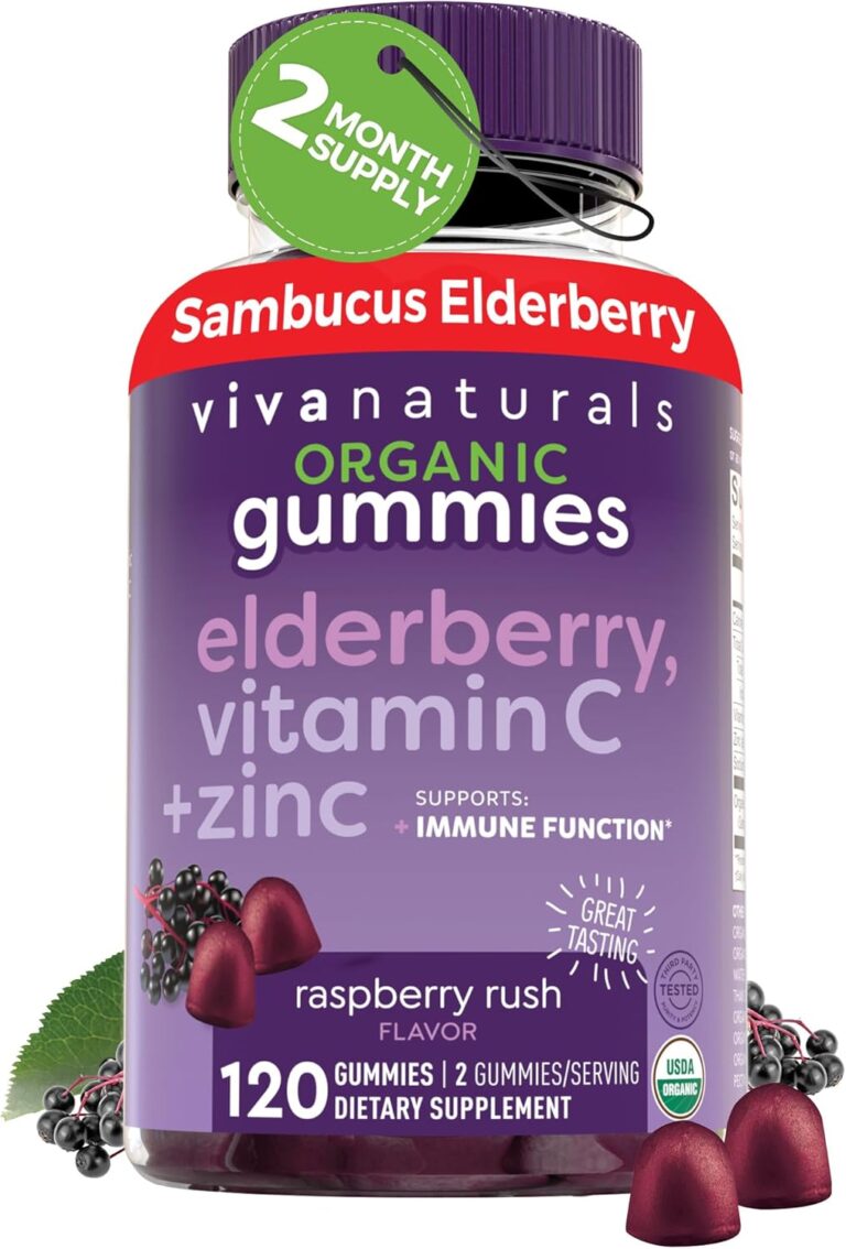 Viva Naturals Organic Sambucus Elderberry Gummies for Adults (120 Count) - 3in1 Black Elderberry Vitamin C and Zinc Immune Support Gummies, Chewable Elderberry Supplements, Zinc Immunity Gummies