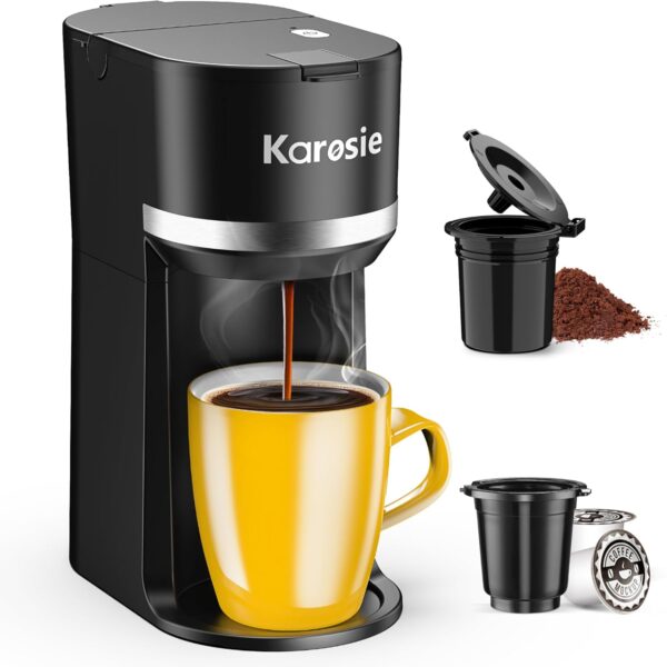 Single Serve Coffee Maker for K-Cup and Ground Coffee,Fast Brew,6-12 oz Brew Sizes One Cup Coffee Machine Fits 5.5" Mugs,One-Button Small Coffee Maker with Descaling Reminder,Black,9.65 Inches