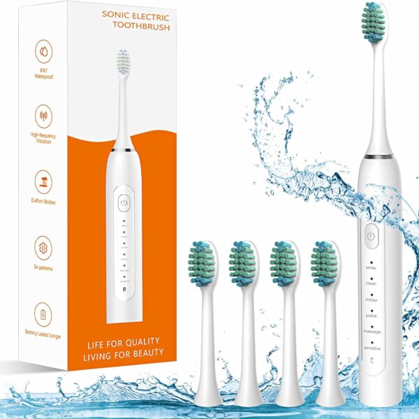 Waterproof Sonic Electric Toothbrush for Adults - 6 Modes with Pressure Sensor, Smart TimerRechargeable Toothbrushes with 4 Brush Heads,Whitening & Sensitive Teeth Care 30 Days Long Battery Life