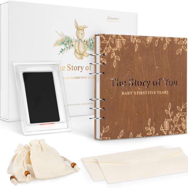 Wooden Keepsake Baby Memory Book Box Boys & Girls, First 5 Years Baby Milestone Book Gender Neutral Journal Memory Scrapbook, Baby Shower Keepsake Gift Set (Included Ink Pad/Keepsake Bags/Envelopes)