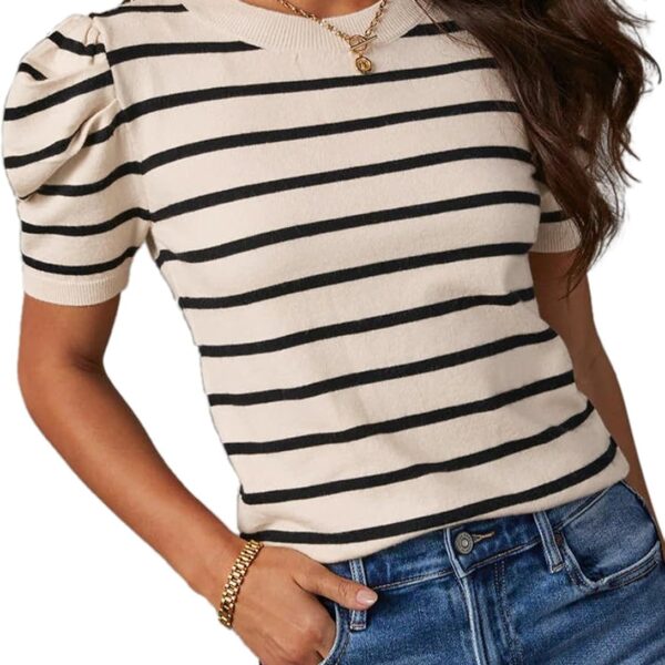 Dokotoo Women's Short Puff Sleeve Knit Tops 2026 Trendy Crewneck Striped T Shirts Casual Summer Blouses