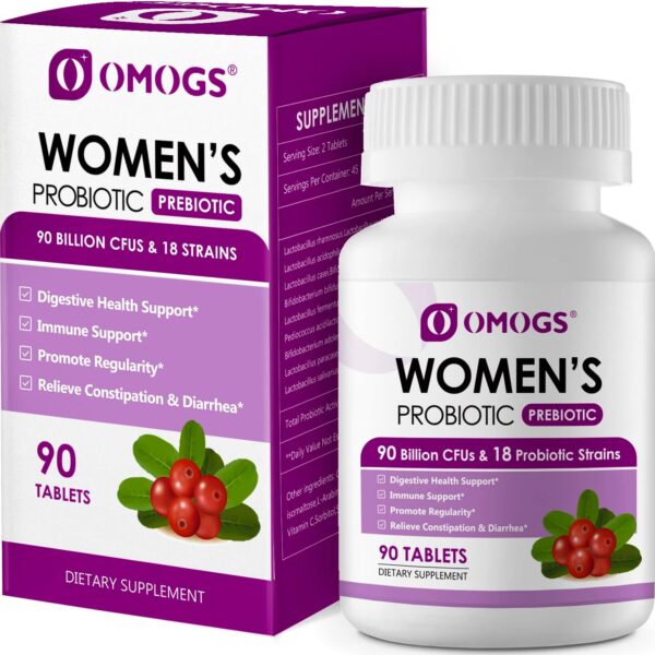 OMOGS Women's Probiotic, with Cranberry Extract, Organic Prebiotics & Vitamin C, 90 Billion CFUs,18 Strains, Help for Boost Immune, Digestive, Gut Health & Women's Health, Gluten & Soy Free,90 Tablets
