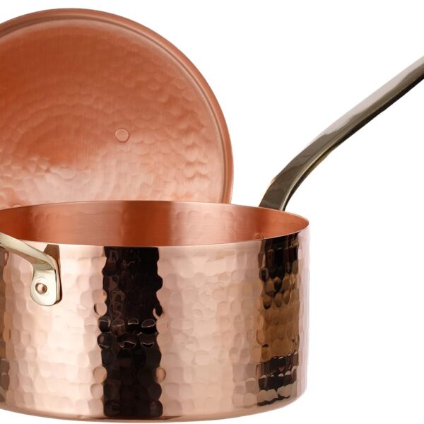 DEMMEX 1mm Thick Hammered Unlined Uncoated Solid Copper Sugar Sauce Zabaglione Pan Candy Jam Caramel Dessert Pot with Lid and Helper Handle, Handmade in Turkey, (1.7-Quart)