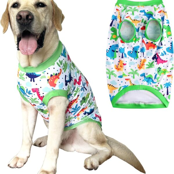 Dogs Prints T Shirt with Colorful Dinosaur Soft Stretchy Pajamas Clothes for Large Dog Boys Girls Pets Shirt (L,Green,Dinosaur)