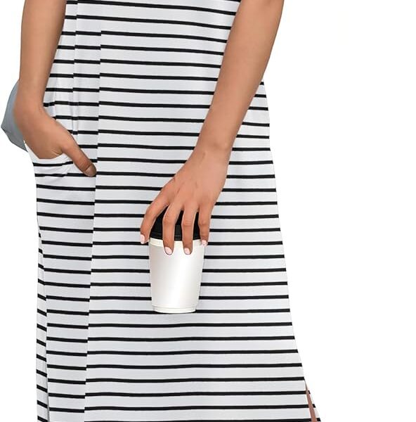ANRABESS Womens Summer Casual Midi Dress Short Sleeve Crewneck T Shirt Long Dresses Split Stripe Beach Vacation Travel Outfit