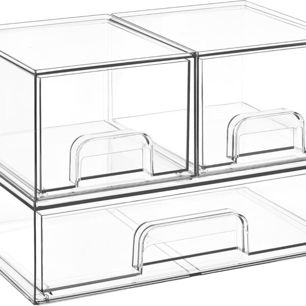 Vtopmart Stackable Storage Drawers Set of 3,Clear Plastic Organizer Bins for Makeup, Cosmetics, Beauty Supplies,Ideal for Vanity, Bathroom,Cabinet,Pantry Organization