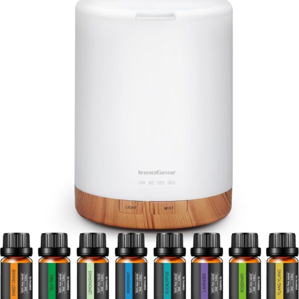 InnoGear Aromatherapy Diffuser & 8 Essential Oils Set, 300ml Premium 5-in-1 Ultrasonic Essential Oil Diffusers Scent Humidifier Aroma Diffuser Vaporizer Auto-Off Timer for Room Office Home, Yellow