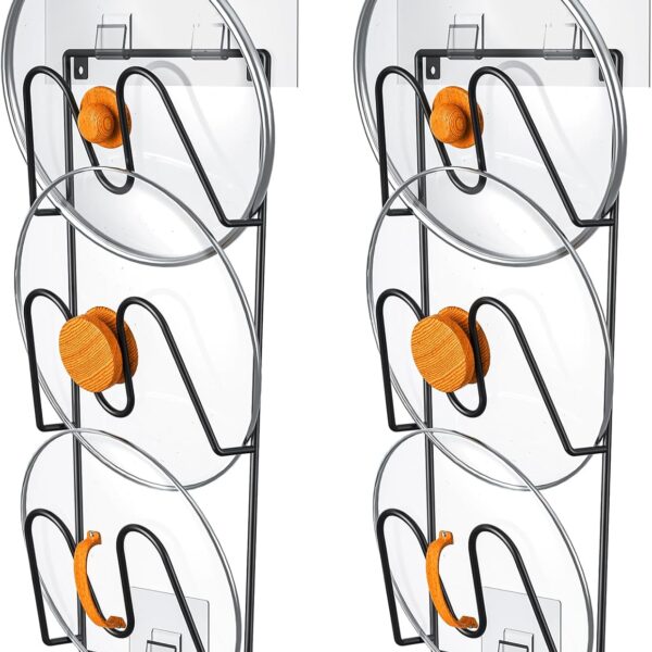 ORLESS 2 Pack Pot Lid Organizer Rack for Cabinet Door, Adhesive Pot Lid Holder Wall Mount, Rustproof Lid Cover for Pots and Pans, Lid Organizer for Kitchen
