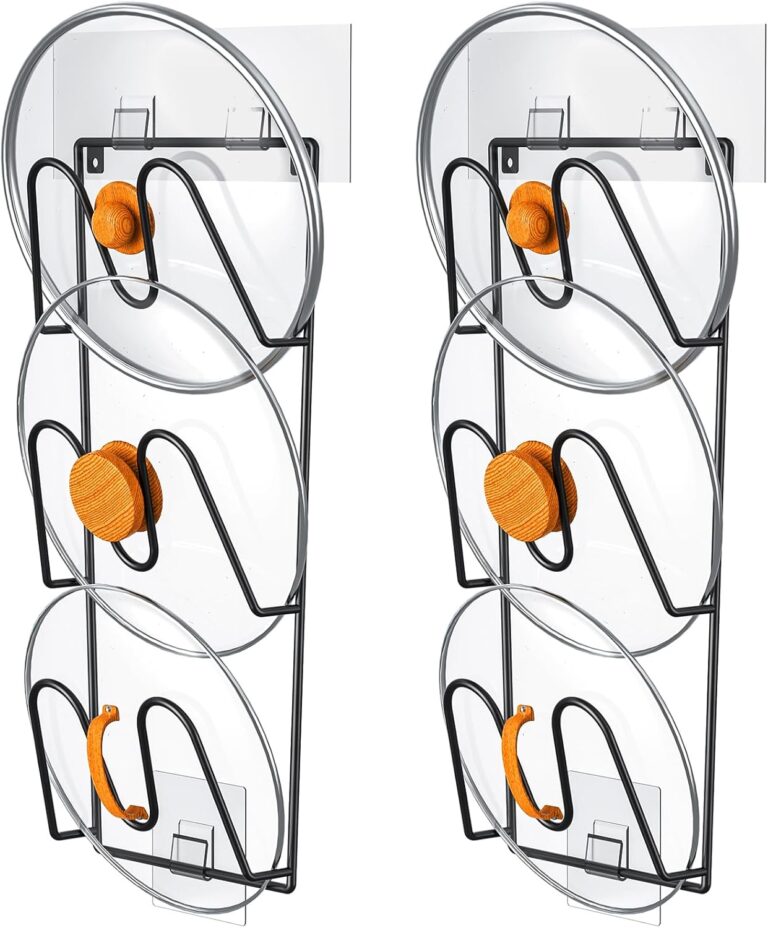 ORLESS 2 Pack Pot Lid Organizer Rack for Cabinet Door, Adhesive Pot Lid Holder Wall Mount, Rustproof Lid Cover for Pots and Pans, Lid Organizer for Kitchen