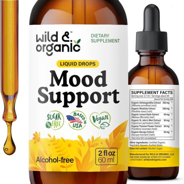 Wild & Organic Mood Support Drops - Good Mood Supplements w/Ashwagandha Root & Rhodiola Rosea - Natural Liquid Drops for Positive Energy - Calm and Relax Supplements for Women and Men - 2 oz