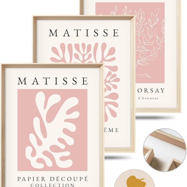 Framed Matisse Pink Canvas Wall Art,Abstract Matisse Canvas Wall Decor,16x12IN High Framed Wood Design Print,Minimalist Classic Decor Aesthetic for Living Room,Bedroom,Bathroom Set of 3