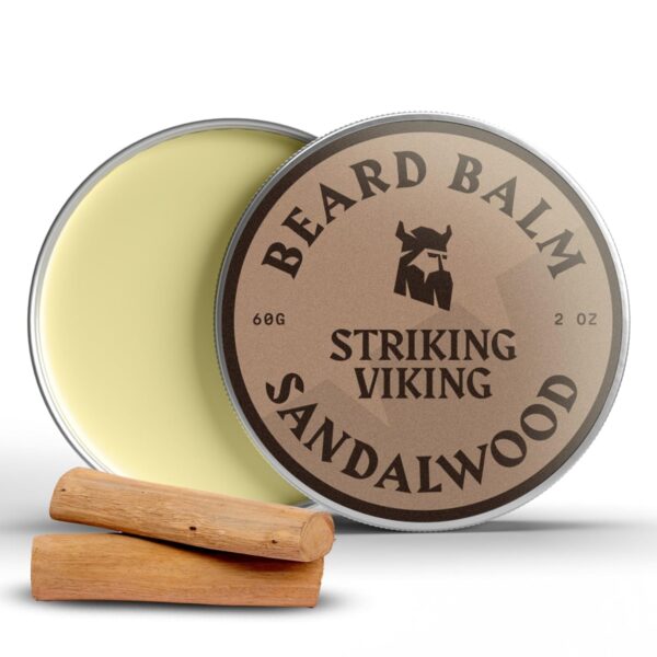 Striking Viking Beard Balm for Men - Sandalwood Scent, 2 Ounces - Leave in Beard Conditioner & Styling Balm - Made with Naturally Derived Argan & Jojoba Oils