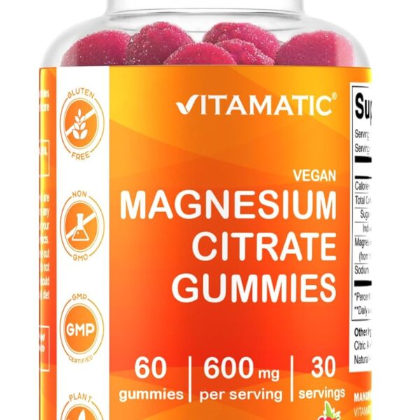 Vitamatic Magnesium Gummies 600mg per Serving  60 Vegan Count for Relaxation, Muscle, Bone, and Energy Support