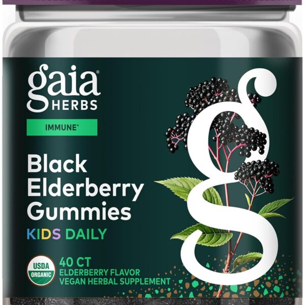 Gaia Herbs Black Elderberry Daily Gummies for Kids - Delicious Immune Support Supplement - Certified Organic Black Elderberries for Immune System Support* - 40 Vegan Gummies (40 Servings)