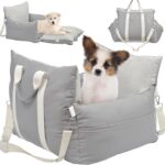 Leather Dog Car Seat for Small Dogs, Dog Booster Seat with Storage Pocket and Clip-On Safety Leash, Water/Scratch Resistant Both Indoor and Outdoor Use