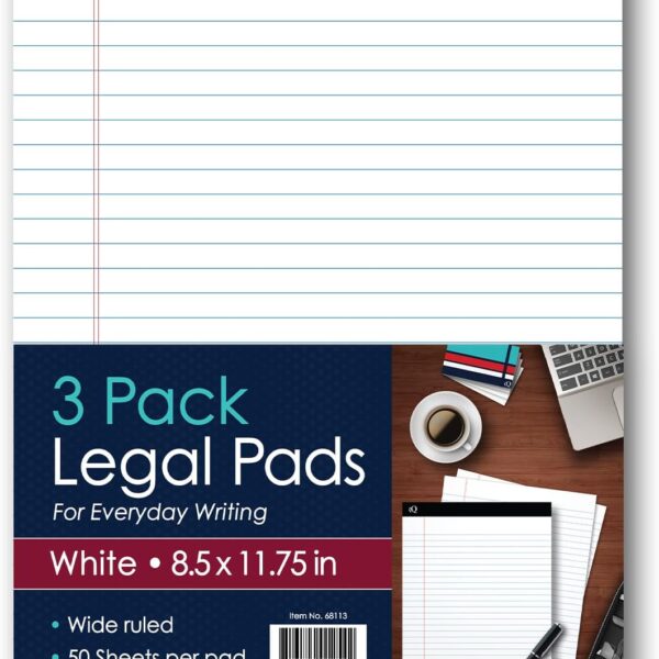 iScholar iQ Legal Pads, White, Wide Ruled, 8.5" x 11.75", 50 Sheets Per Pad, Pack of 3 Pads (68113)