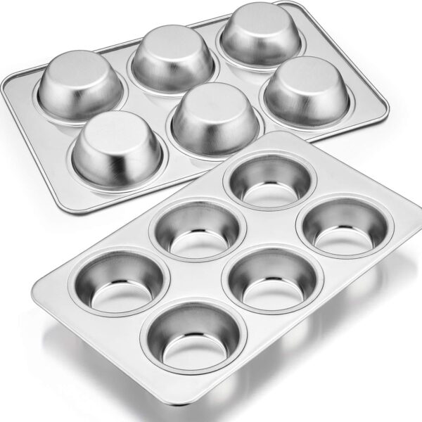 E-far Muffin Pan Set of 2, Stainless Steel Muffin Pan Tin for Baking, 6-Cup Metal Cupcake Pan Tray, Non-toxic & Healthy, Oven & Dishwasher Safe, Regular Size - 11.44 x 7.12 x 1.25 Inch