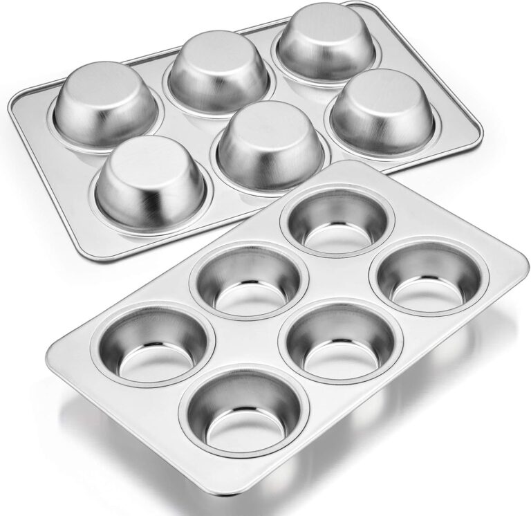 E-far Muffin Pan Set of 2, Stainless Steel Muffin Pan Tin for Baking, 6-Cup Metal Cupcake Pan Tray, Non-toxic & Healthy, Oven & Dishwasher Safe, Regular Size - 11.44 x 7.12 x 1.25 Inch