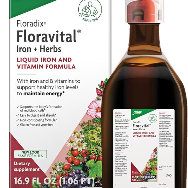 Floradix Floravital Liquid Iron & Vitamin Formula - Liquid Iron Supplement with C & B Vitamins & Herbs for Energy Support - Vegan, Gluten-Free, Yeast-Free & Non-GMO-16.9 Fl Oz