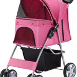 Pet Stroller, 4 Wheels Pet Strolling Cart for Medium/Small Dogs and Cats, Foldable Cat Jogger/Dog Stroller with Cup Holder, Storage Basket, Breathable Mesh, All-Season Pet Carrier, Pink