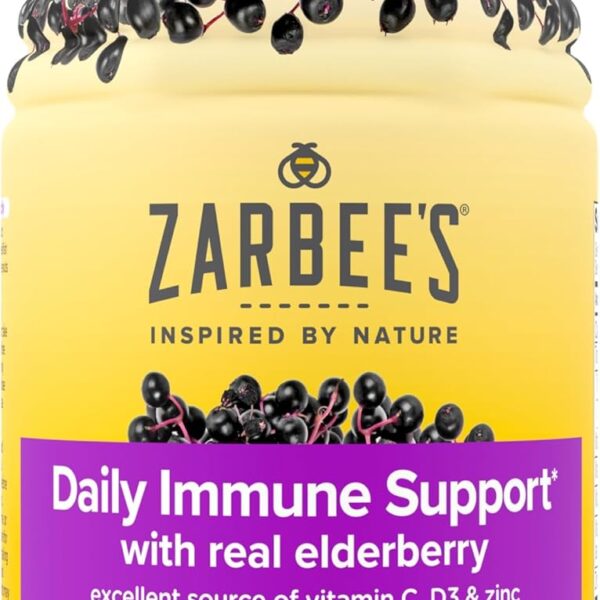 Zarbees Elderberry Gummies Daily Immune Support Supplement with Vitamins A C D E & Zinc, Black Elderberry Extract, Natural Berry Flavor, Vegetarian, Gelatin-Free, 60 ct