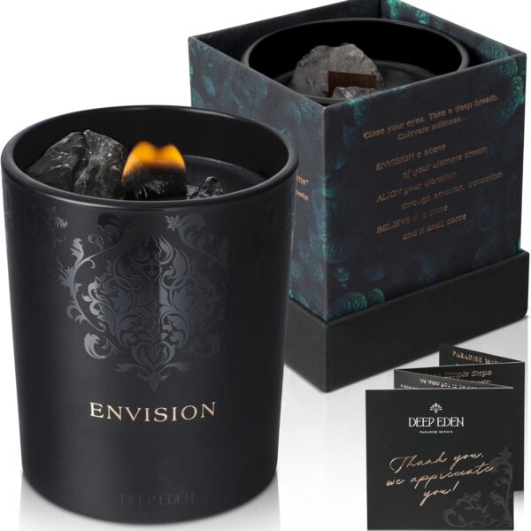 Black Orchid & Pine Moss Scented Crystal Candle - Luxury Manifestation Candle with Smoky Quartz and Clear Quartz Crystals - 7.4oz Natural Soy, Coconut & Beeswax, Wood Wick