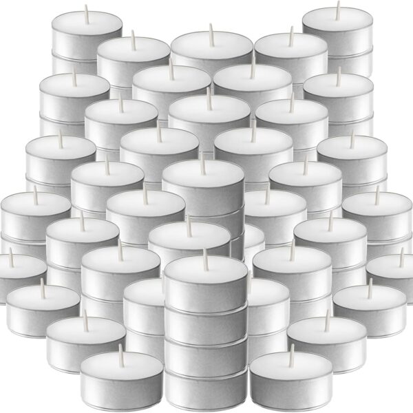L'ner Tea Light Candles  Set of 100 Unscented Tea Lights  Burns Aprx. 4 Hours  Party & Ambience Candles  Restaurant Decorations