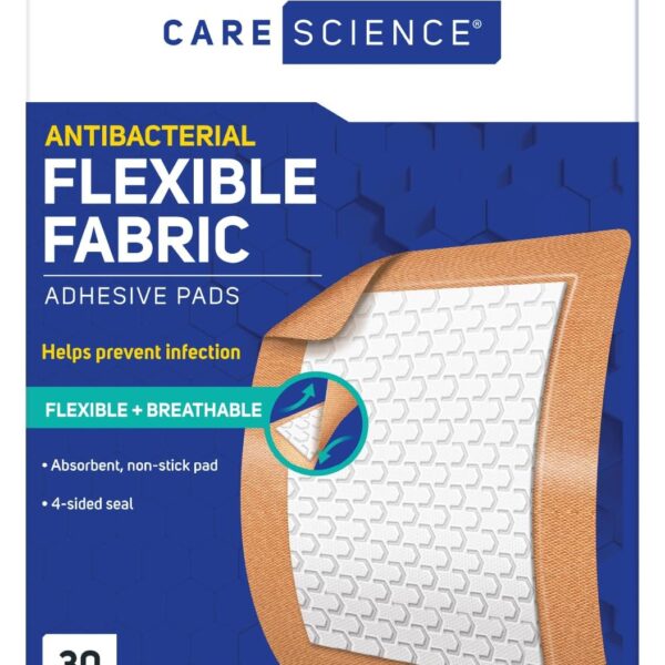 Care Science Fabric Adhesive Pad Bandages, 3x4 inches Extra Large Flexible Non-Stick Strip, Helps Prevent Infection, Breathable Protection, for First Aid & Wound Care, 30 Count