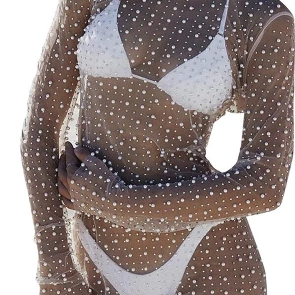 Willow Dance Women's Sheer Mesh Pearl Rhinestone Cover Up Beach Dress Swimwear Bikini Swimsuit Bathing Suit Coverups