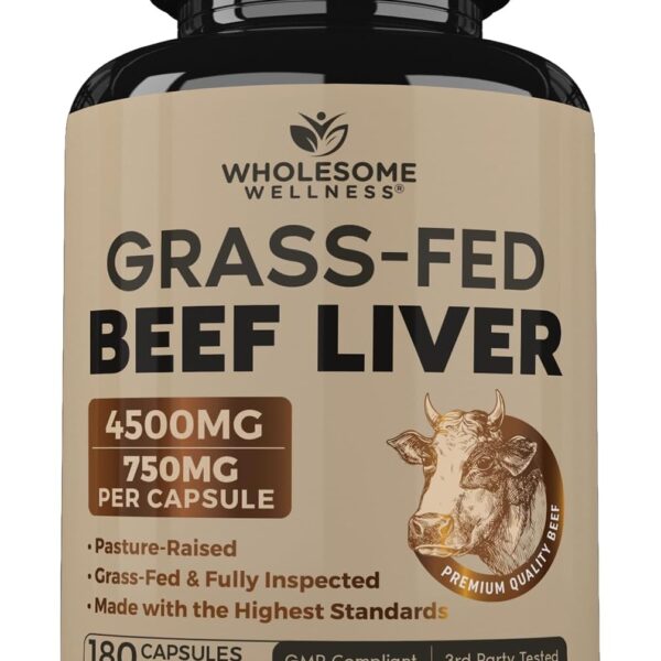 Wholesome Wellness Grass Fed Desiccated Beef Liver Capsules (180 Pills, 750mg Each) - Natural Iron, Vitamin A, B12 for Energy - Raised Undefatted in New Zealand Without Hormones or Chemicals