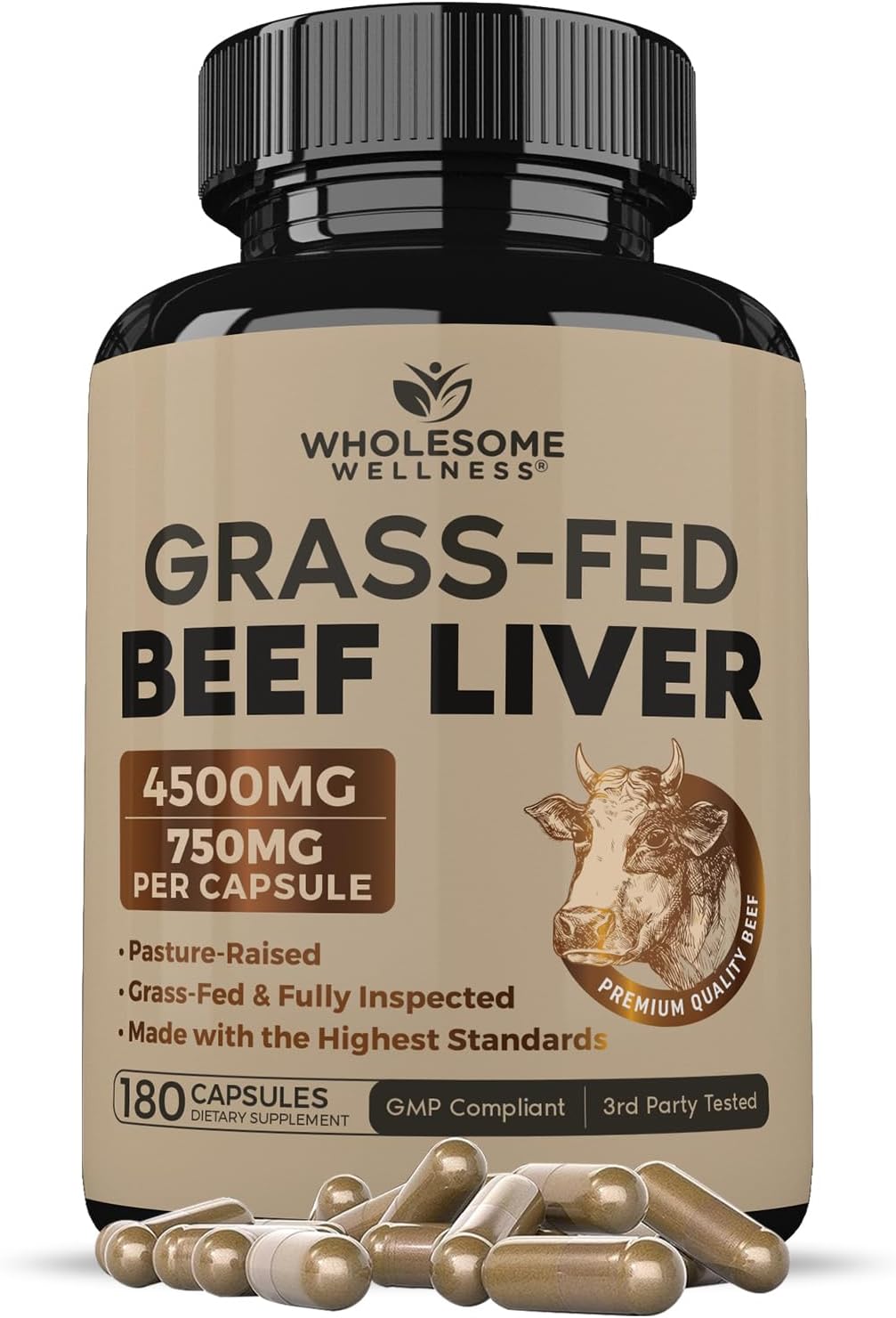 Wholesome Wellness Grass Fed Desiccated Beef Liver Capsules (180 Pills, 750mg Each) - Natural Iron, Vitamin A, B12 for Energy - Raised Undefatted in New Zealand Without Hormones or Chemicals Wholesome Wellness Grass Fed Desiccated Beef Liver Capsules (180 Pills, 750mg Each) - Natural Iron, Vitamin A, B12 for Energy - Raised Undefatted in New Zealand Without Hormones or Chemicals