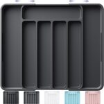 Kitsure Cutlery Drawer Organiser for Kitchen - Adjustable Cutlery Tray for Effortless Utensil Sorting, Versatile Kitchen Storage & Organisation Solution, 12.13" x 1.54" x 8.07"~13.90", Black