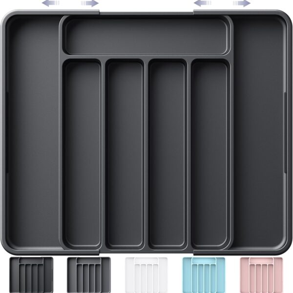 Kitsure Cutlery Drawer Organiser for Kitchen - Adjustable Cutlery Tray for Effortless Utensil Sorting, Versatile Kitchen Storage & Organisation Solution, 12.13" x 1.54" x 8.07"~13.90", Black