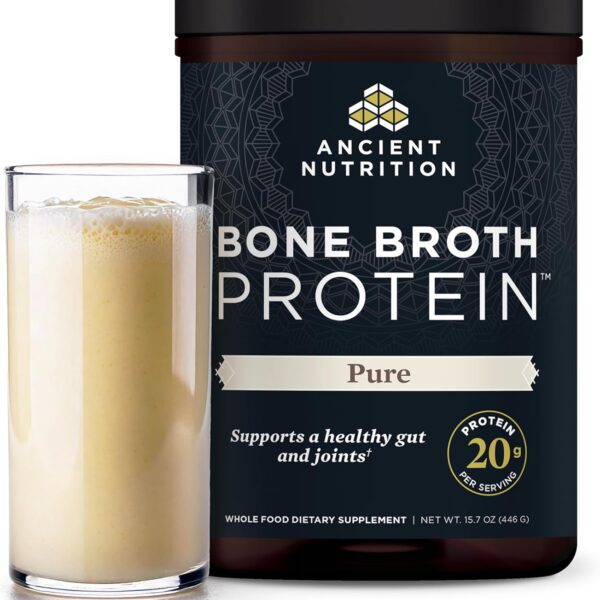 Ancient Nutrition Grass Fed & Cage Free Bone Broth Protein Powder, 20g Protein Per Serving, Hydrolyzed Collagen Peptides, Glucosamine, Chondroitin, Supports Joint & Gut Health, Pure, 20 Servings