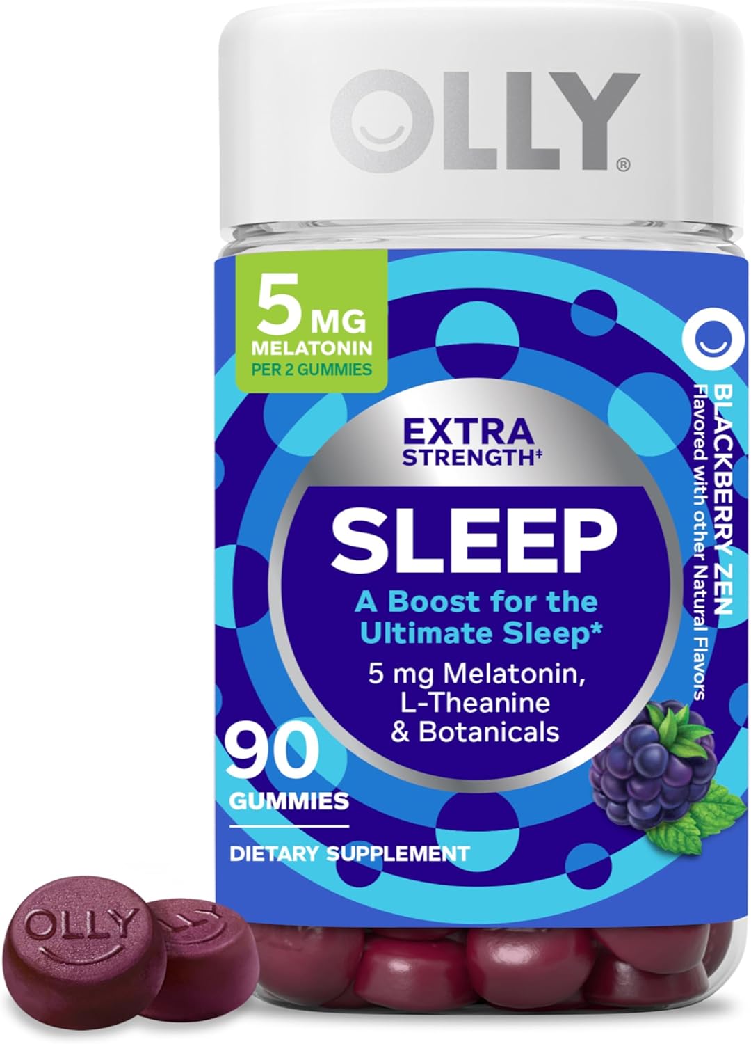 OLLY Extra Strength Sleep Gummy 5 mg Melatonin, L-Theanine, Chamomile, Lemon Balm Extracts, Sleep Aid, BlackBerry Flavor - 90 Count OLLY Extra Strength Sleep Gummy 5 mg Melatonin, L-Theanine, Chamomile, Lemon Balm Extracts, Sleep Aid, BlackBerry Flavor - 90 Count