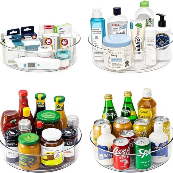 4 Pack Lazy Susan 11.5" Inch Turntable Organizer Organization Storage Container Bins Spice Rack Cabinet Rotating Condiment for Pantry Countertop Kitchen Vanity Bathroom Jewelry Holder Clear