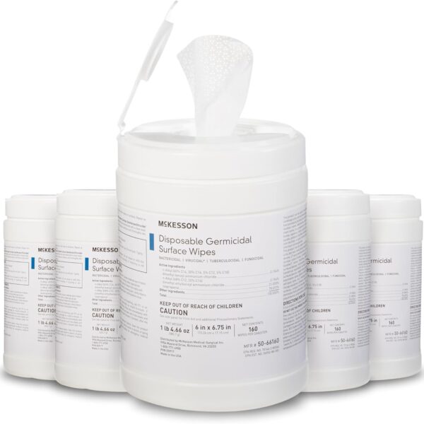 McKesson Germicidal Wipes [800 Count] Disinfecting Wipes, Alcohol Cleaning Disinfectant Wipes, Hospital Grade Multi-Surface Wipes, 160 Wipes, 5 Pack