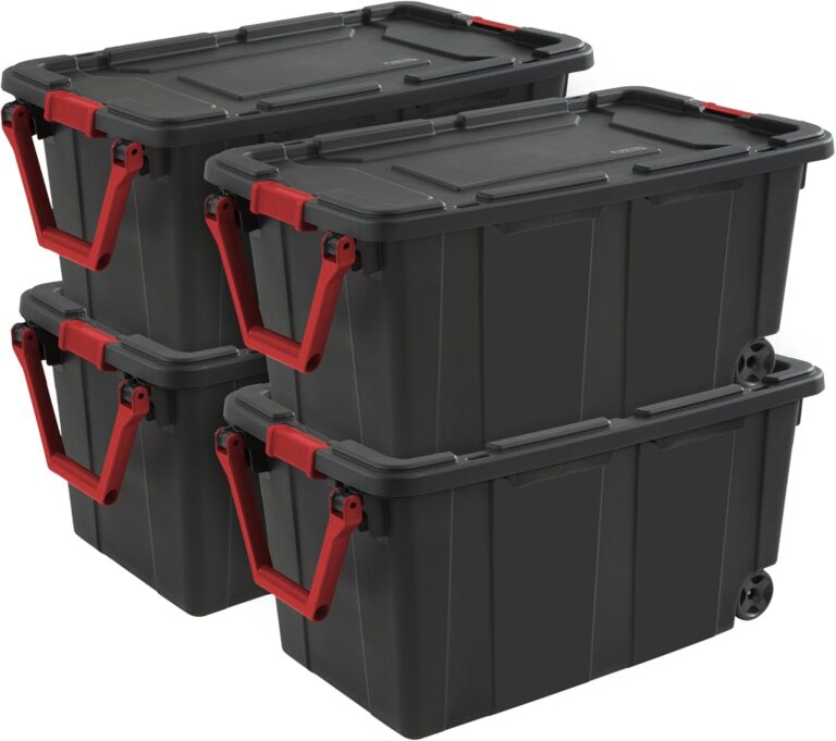 Sterilite 4-Pack Industrial Tote, Heavy-Duty Storage Bins w/Lids and Wheels, 40 Gallon - Stackable Organizing Containers for Home, Garage, Office, and Basement