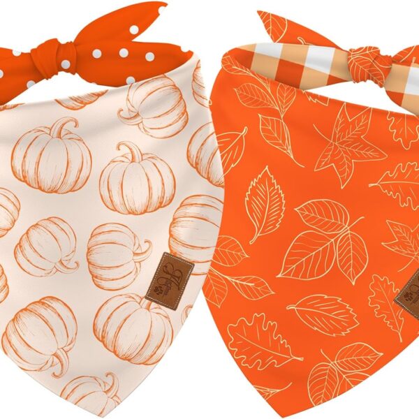 JarThenaAMCS 2Pcs Fall Reversible Dog Bandana Pumpkin Polka Dot Autumn Leaves Gingham Triangle Pet Scarf Orange Adjustable Pet Neckerchief Dog Bibs for Dog Cat Costume Accessories