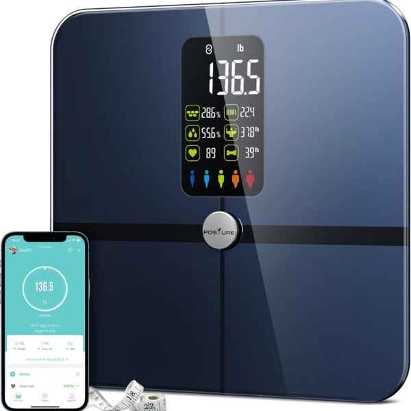 Posture Body Fat Scale, Extra Large Display Digital Bathroom Wireless Weight Scale Composition Analyzer with Heart Rate Heart Index & Body Shape Index with Free APP 400Lb Black